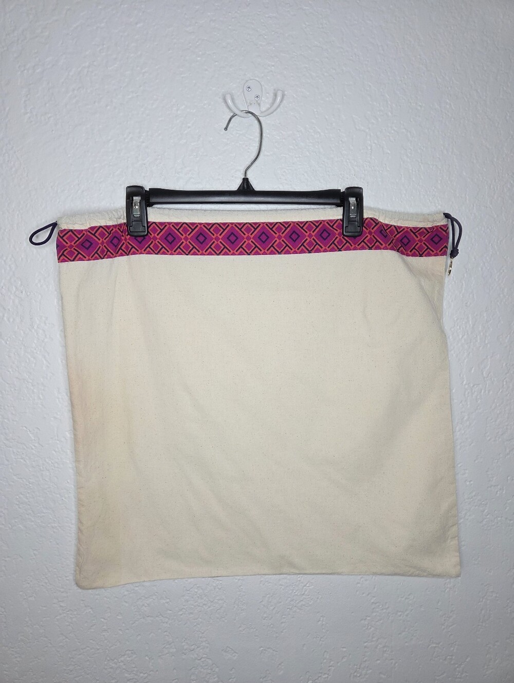 Tory Burch Cream Drawstring Dust Bag with Pink Purple Geometric Trim, Purse